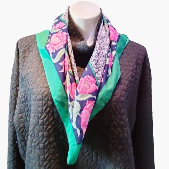 Floral Pattern Satin Scarf 28x28 Green Pink Rose - Picture 2 of 6